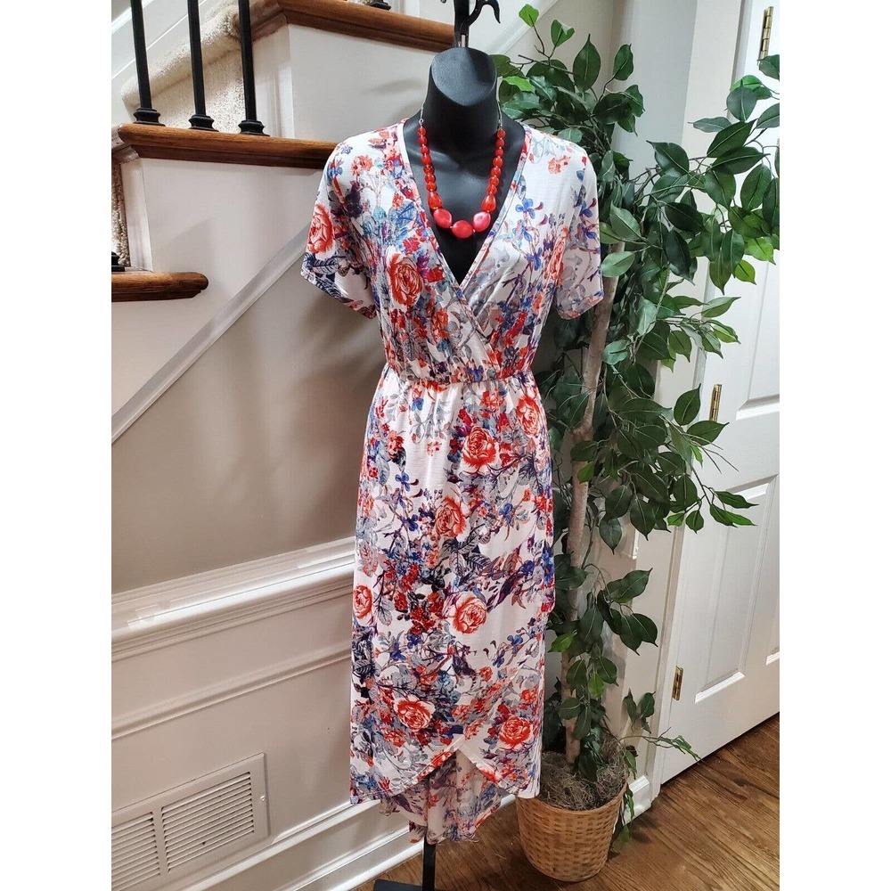 Egy Women's White Floral Polyester V-Neck Short Sleeve Long Maxi Dress Size XL